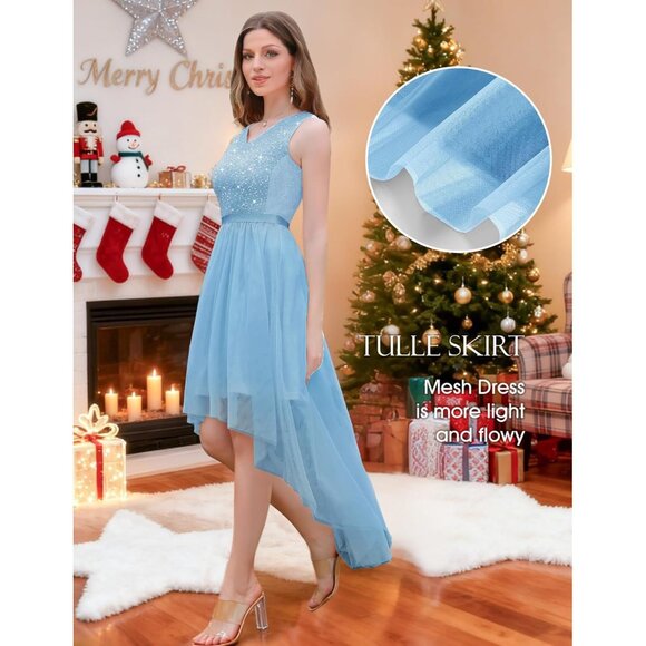 BeryLove Women Tulle Lightblue Chiffon Scoop Neck Sleeveless Cocktail Dresses - Picture 5 of 7